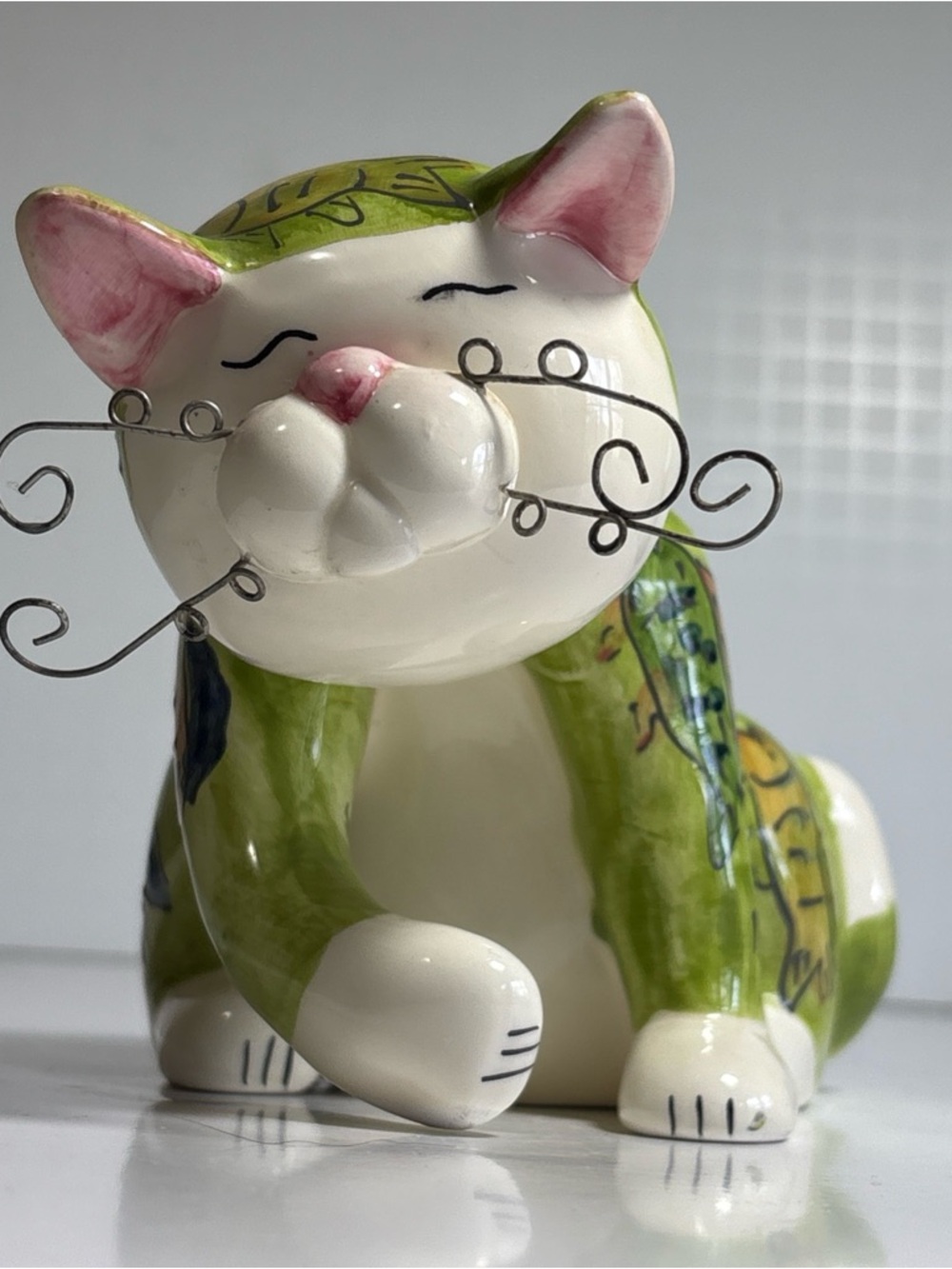 DEI Dennis East Intl Whimsical Cat, Green With Fish Pattern and Wire Whiskers